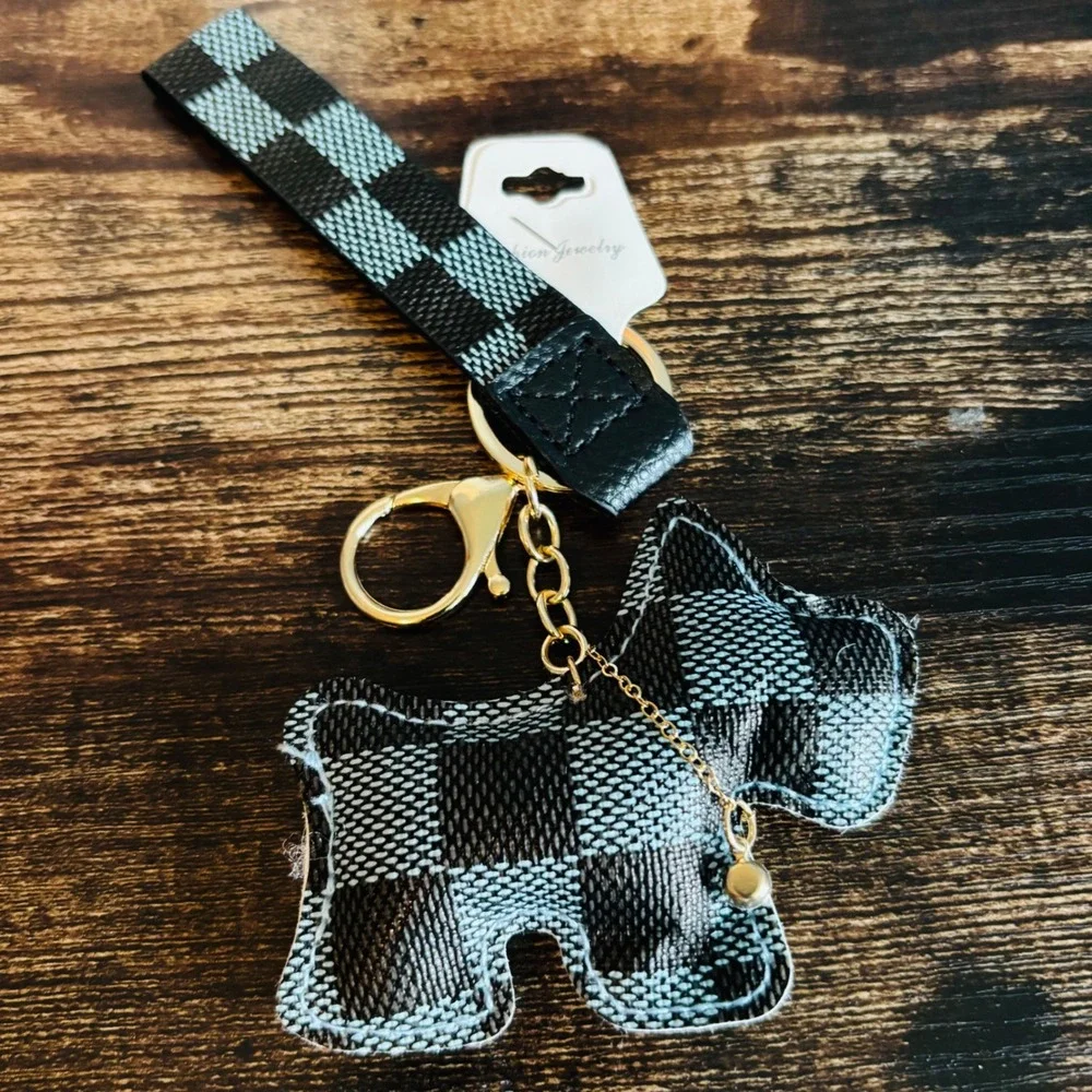 Black Gray Checkered Dog Keychain Wristlet Gold Tone Hardware Bell Charm